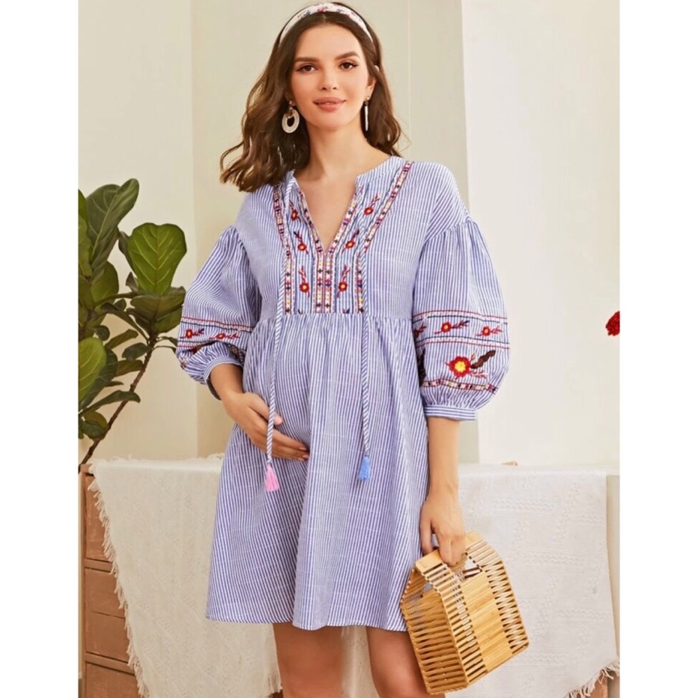 Striped Blue Embroidered Mini Dress